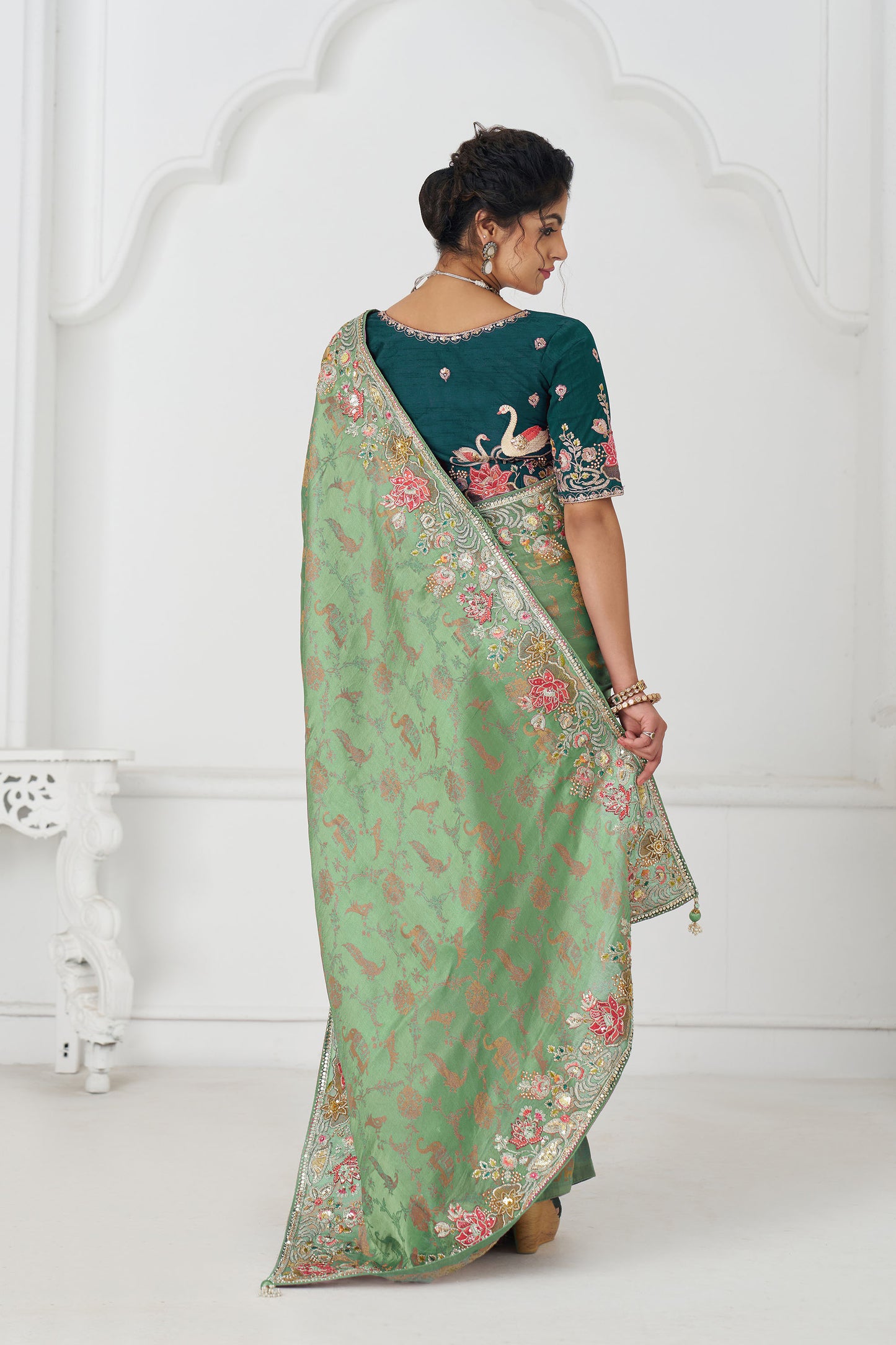 Green Dola Viscose  Silk Multi-thread Embroidered Saree With Floral Embroidery