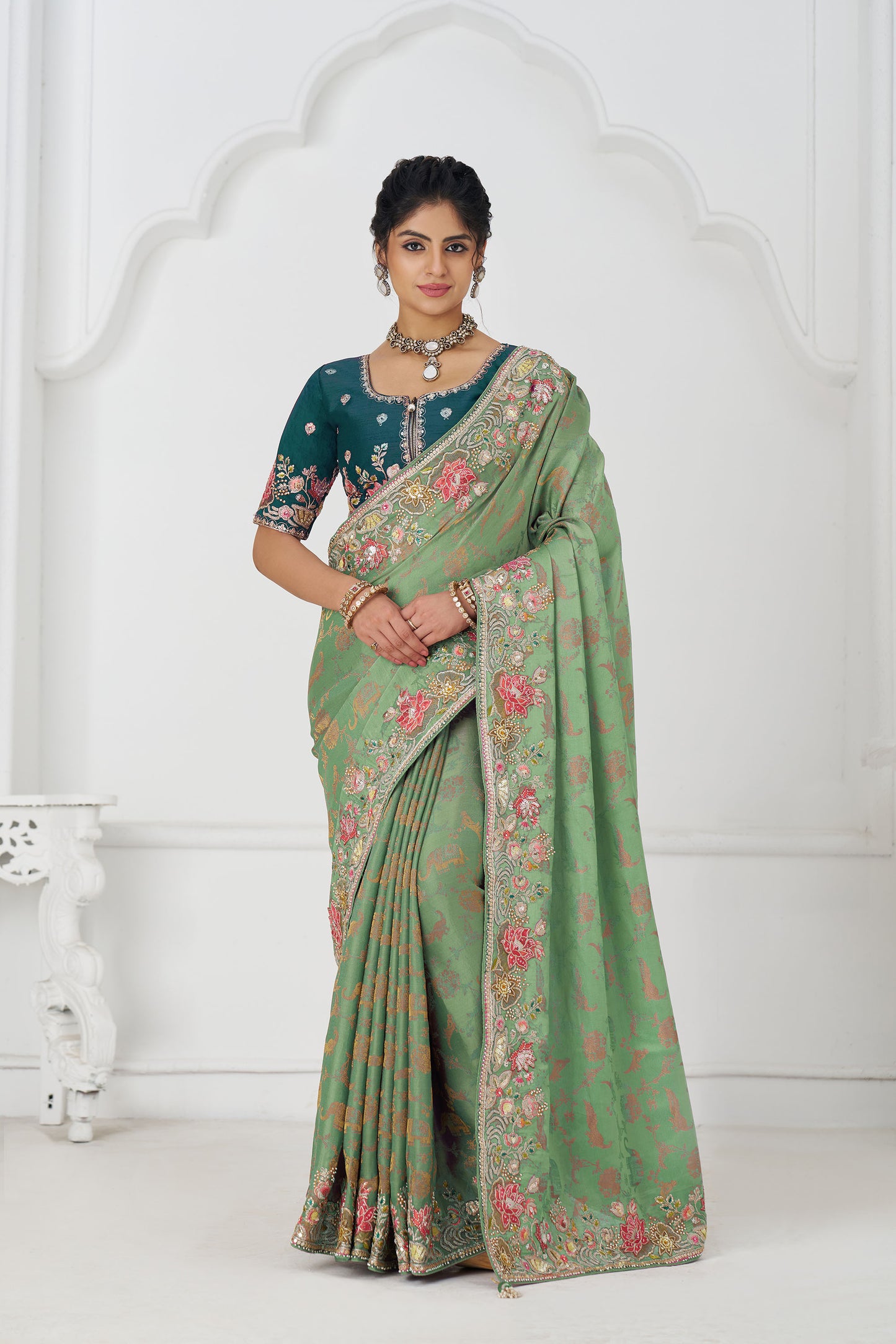 Green Dola Viscose  Silk Multi-thread Embroidered Saree With Floral Embroidery