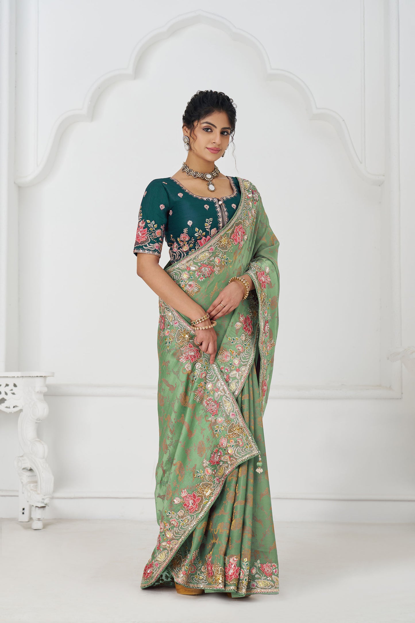 Green Dola Viscose  Silk Multi-thread Embroidered Saree With Floral Embroidery