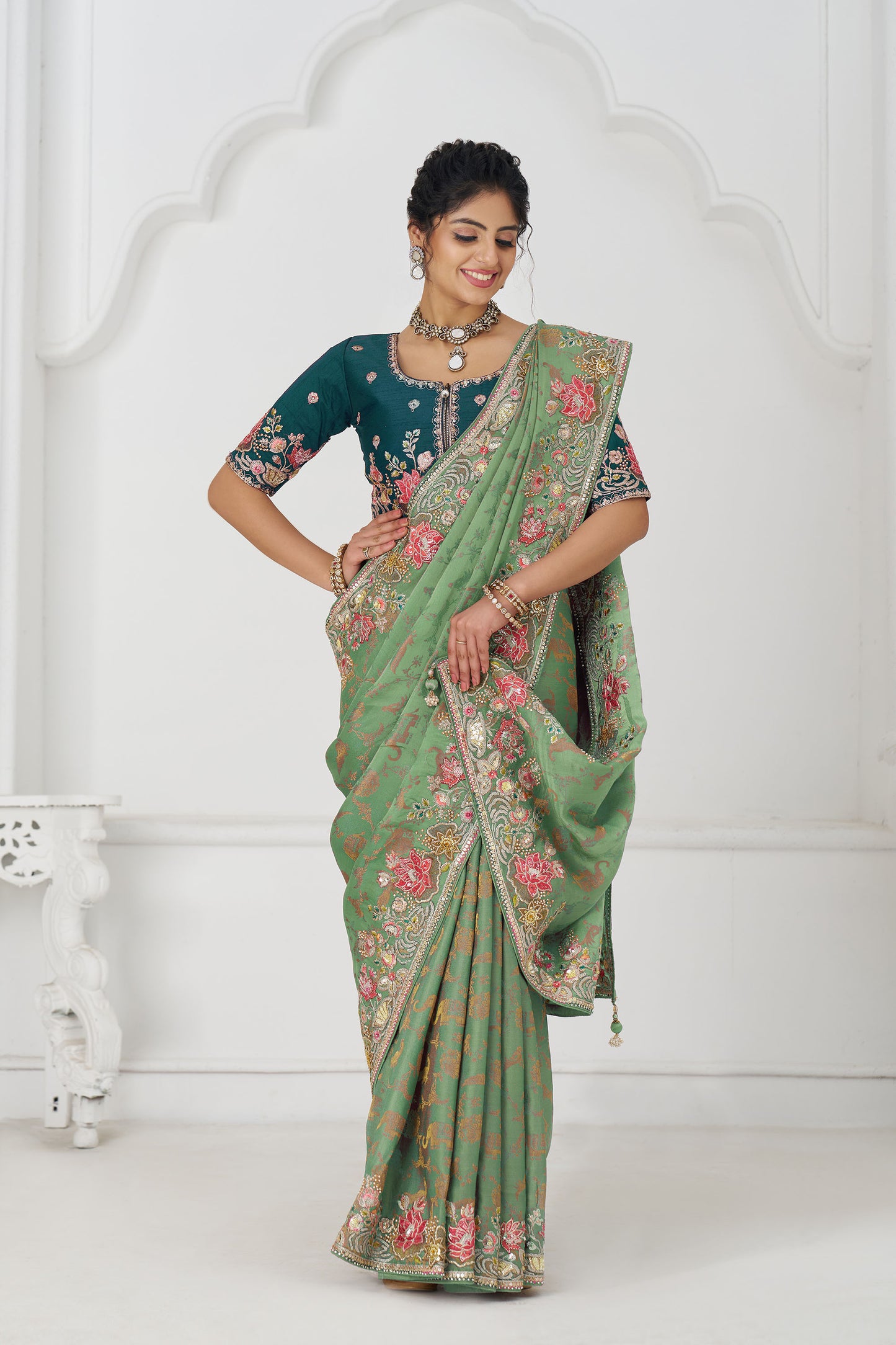 Green Dola Viscose  Silk Multi-thread Embroidered Saree With Floral Embroidery