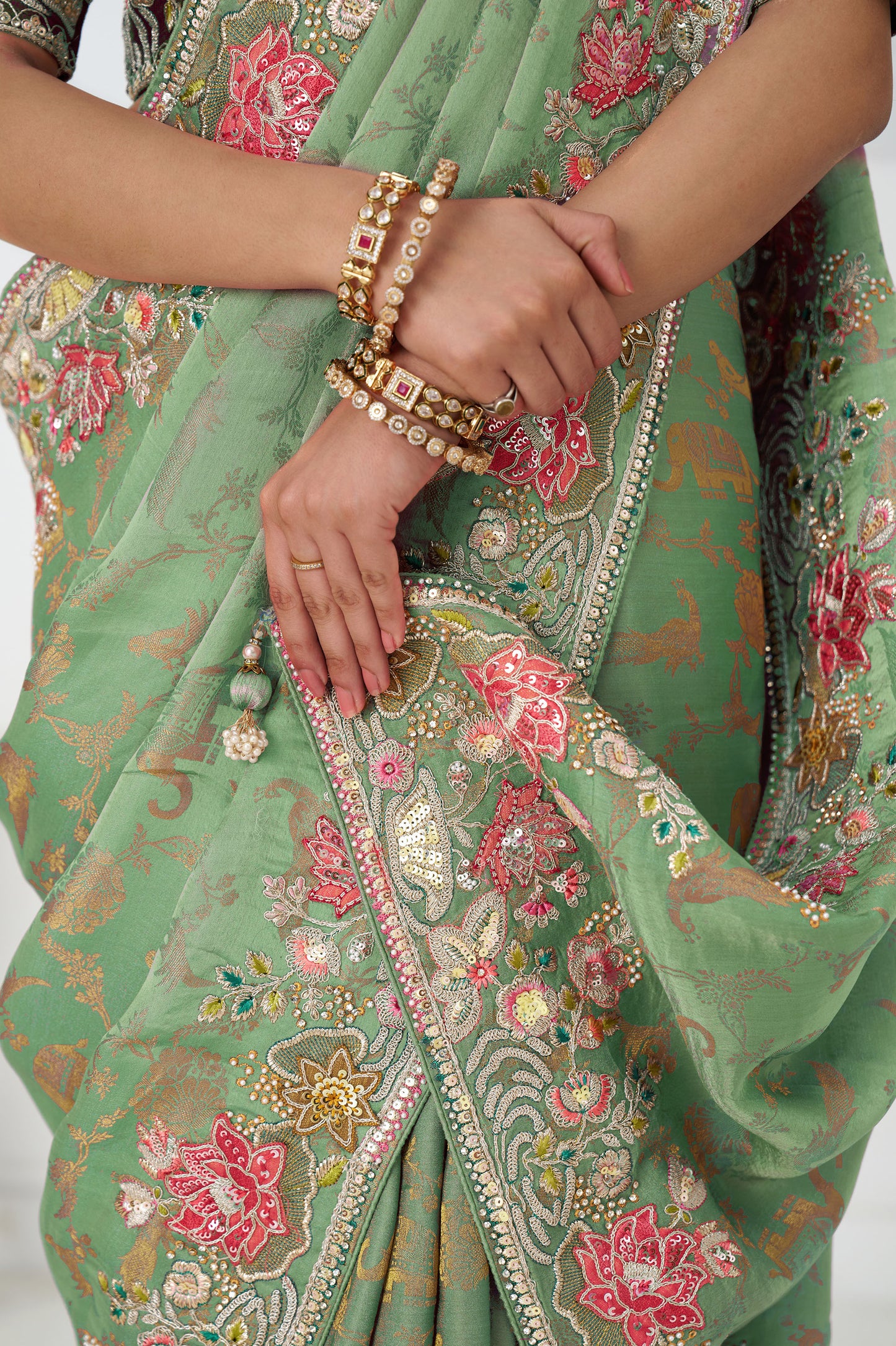 Green Dola Viscose  Silk Multi-thread Embroidered Saree With Floral Embroidery