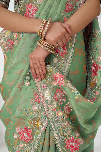 Green Dola Viscose  Silk Multi-thread Embroidered Saree With Floral Embroidery