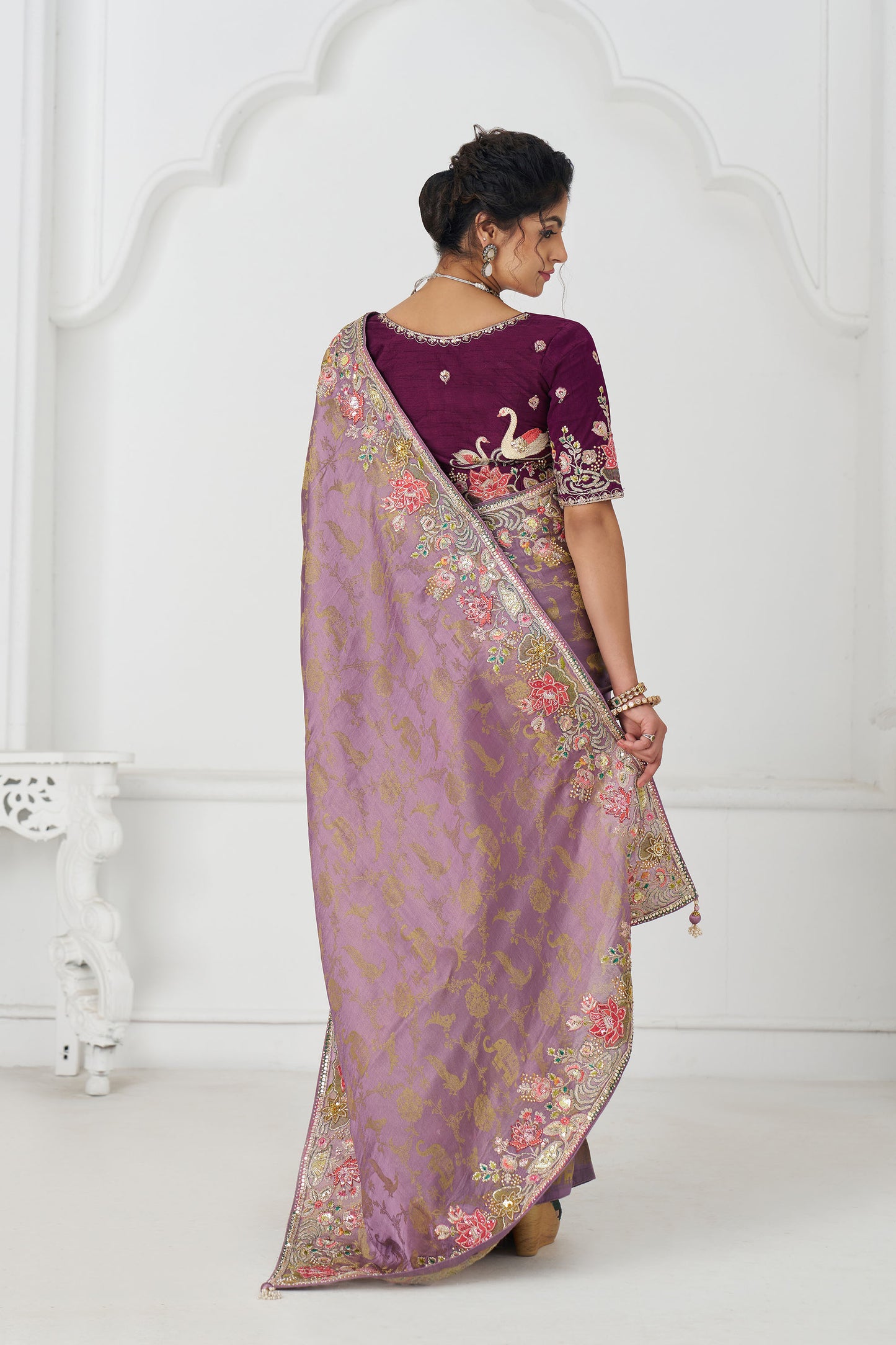 Mauve Dola Viscose Silk Floral Work Festive Saree