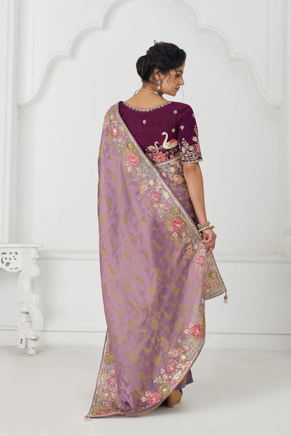 Mauve Dola Viscose Silk Floral Work Festive Saree
