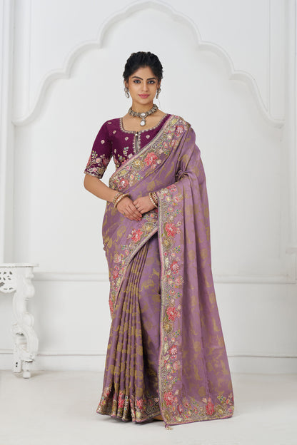 Mauve Dola Viscose Silk Floral Work Festive Saree