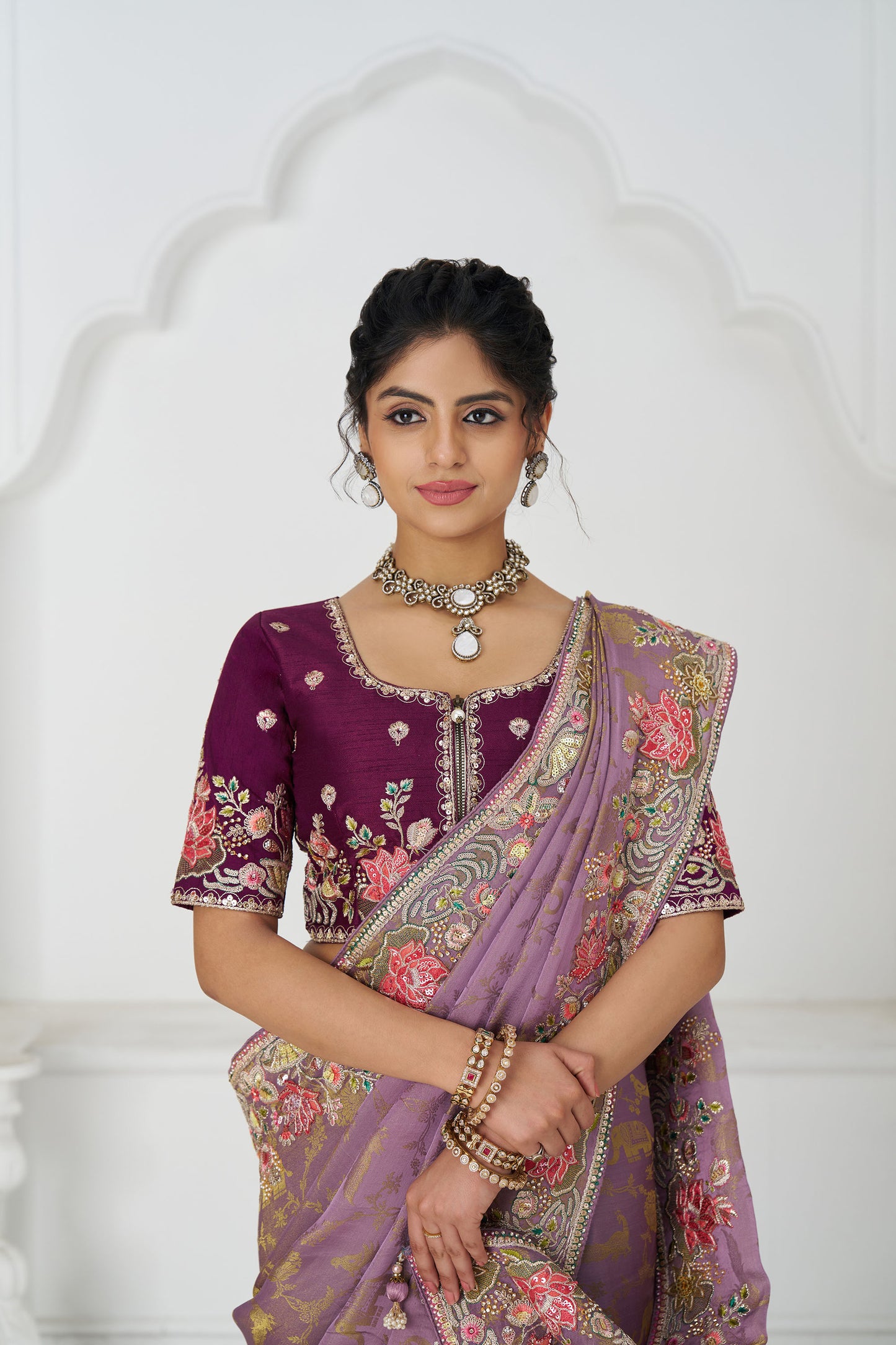 Mauve Dola Viscose Silk Floral Work Festive Saree