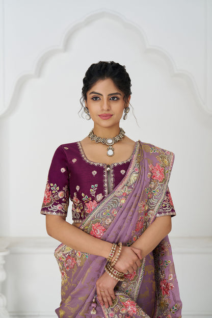 Mauve Dola Viscose Silk Floral Work Festive Saree