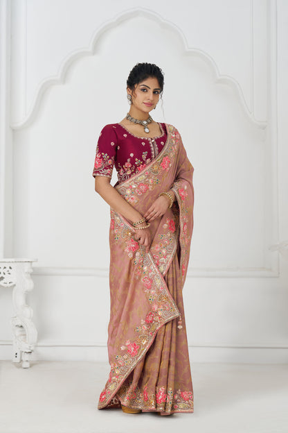 Peach Dola Viscose Silk Floral Work Festive Saree