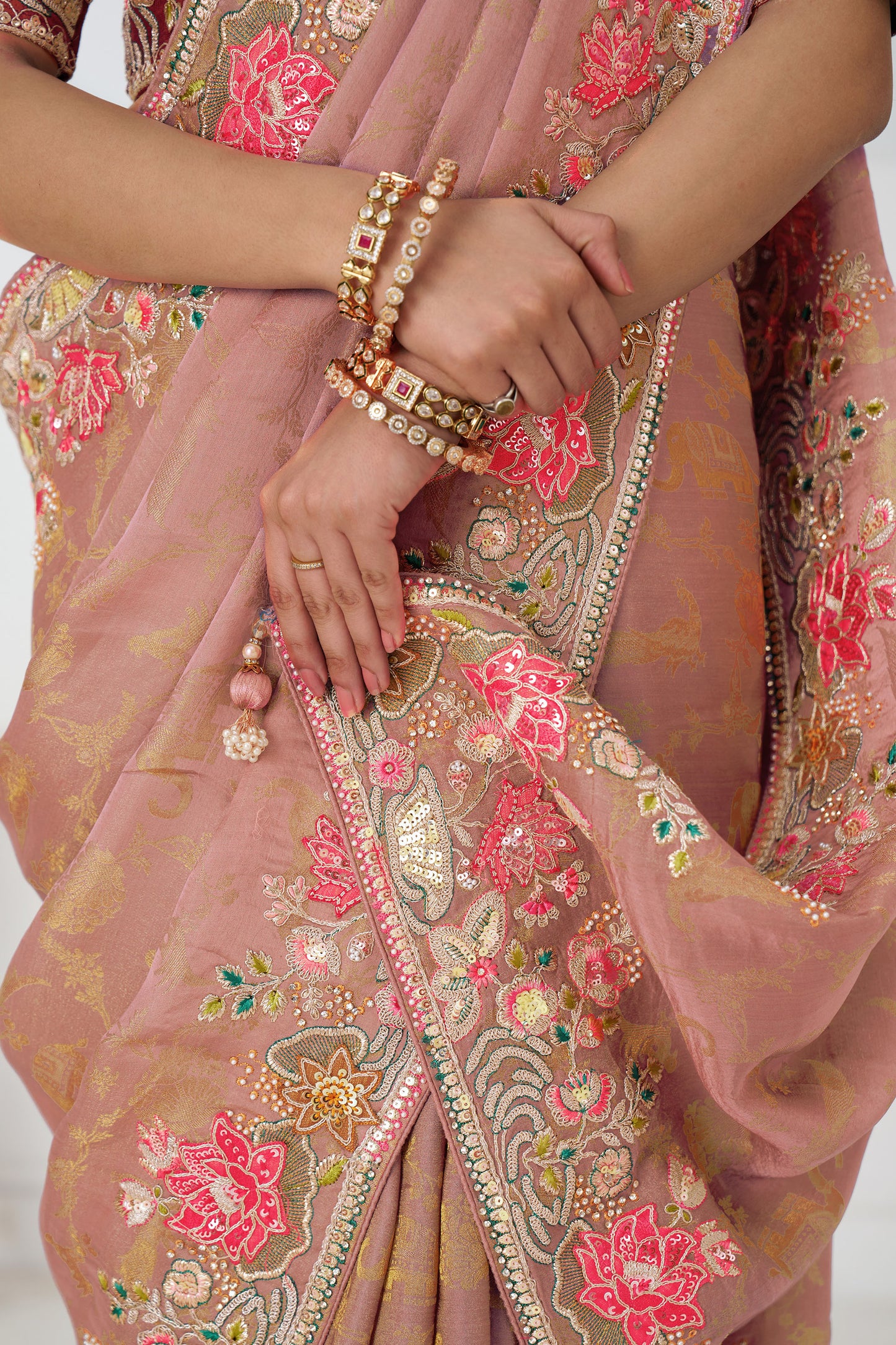 Peach Dola Viscose Silk Floral Work Festive Saree
