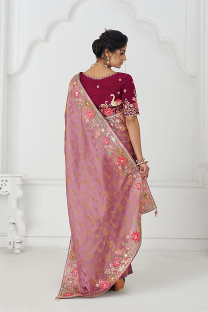 Pink Dola Viscose Silk Floral Work Festive Saree