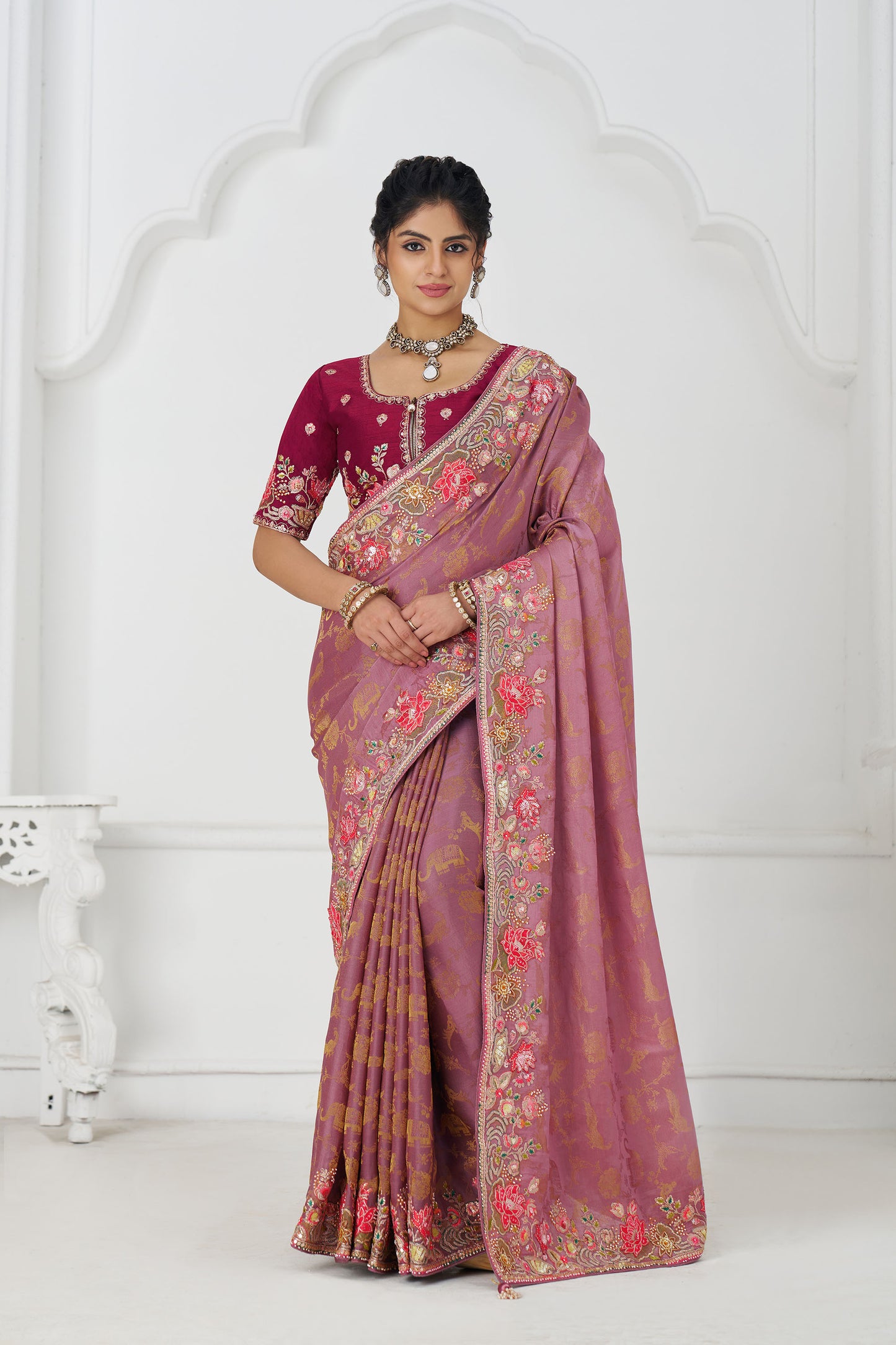 Pink Dola Viscose Silk Floral Work Festive Saree