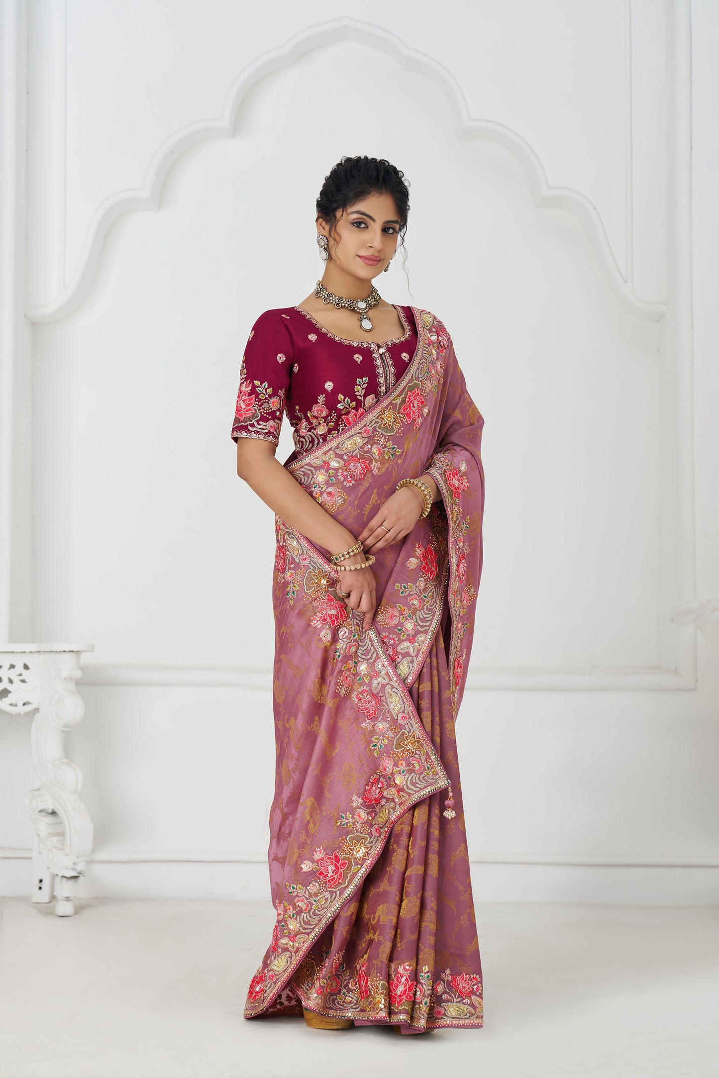 Pink Dola Viscose Silk Floral Work Festive Saree