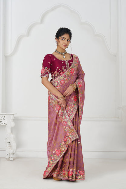 Pink Dola Viscose Silk Floral Work Festive Saree