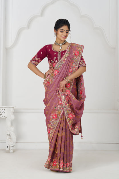 Pink Dola Viscose Silk Floral Work Festive Saree