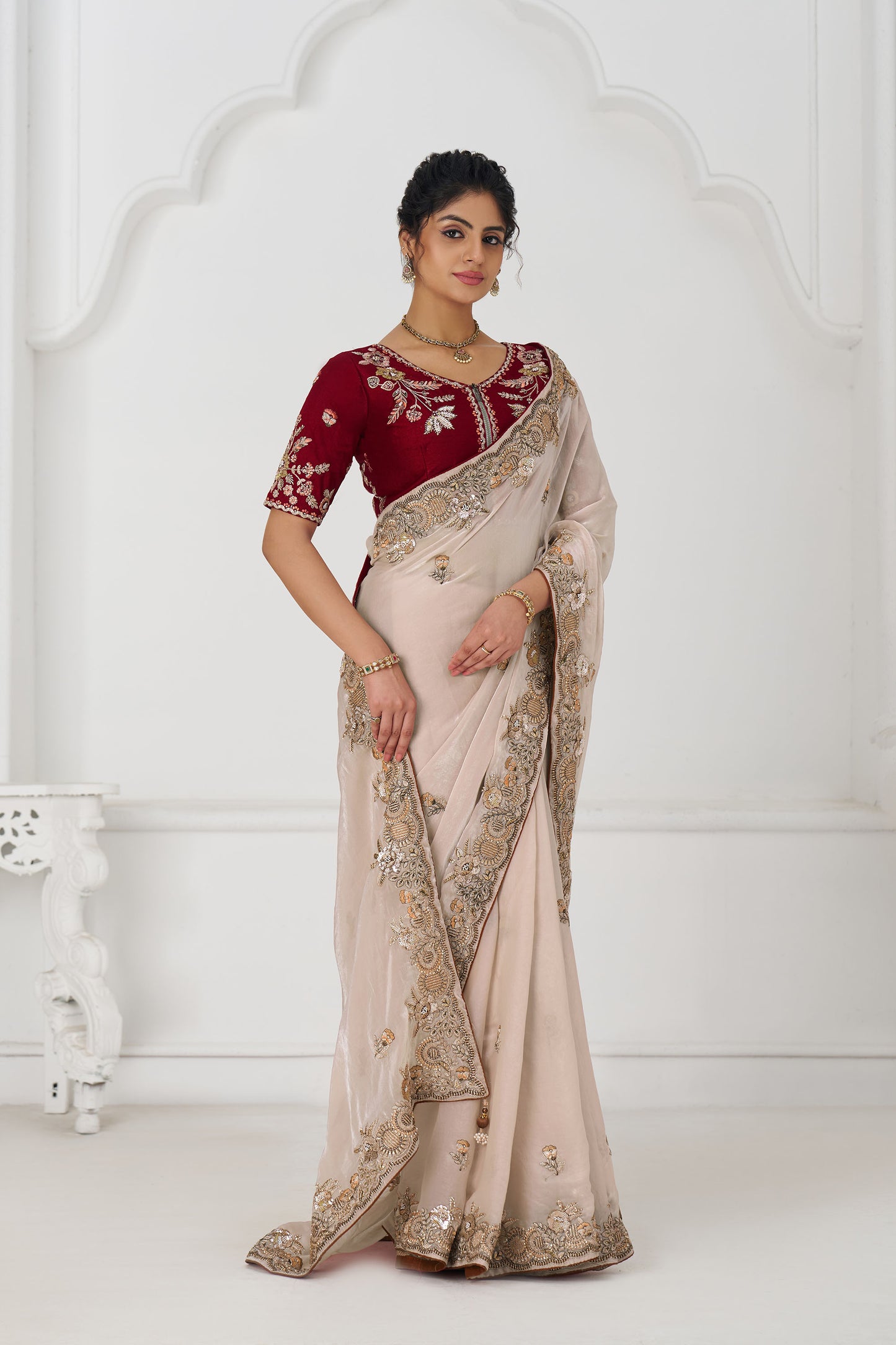 Chiku Fendi Silk Festive Saree With Zari & Sequins Embroidery