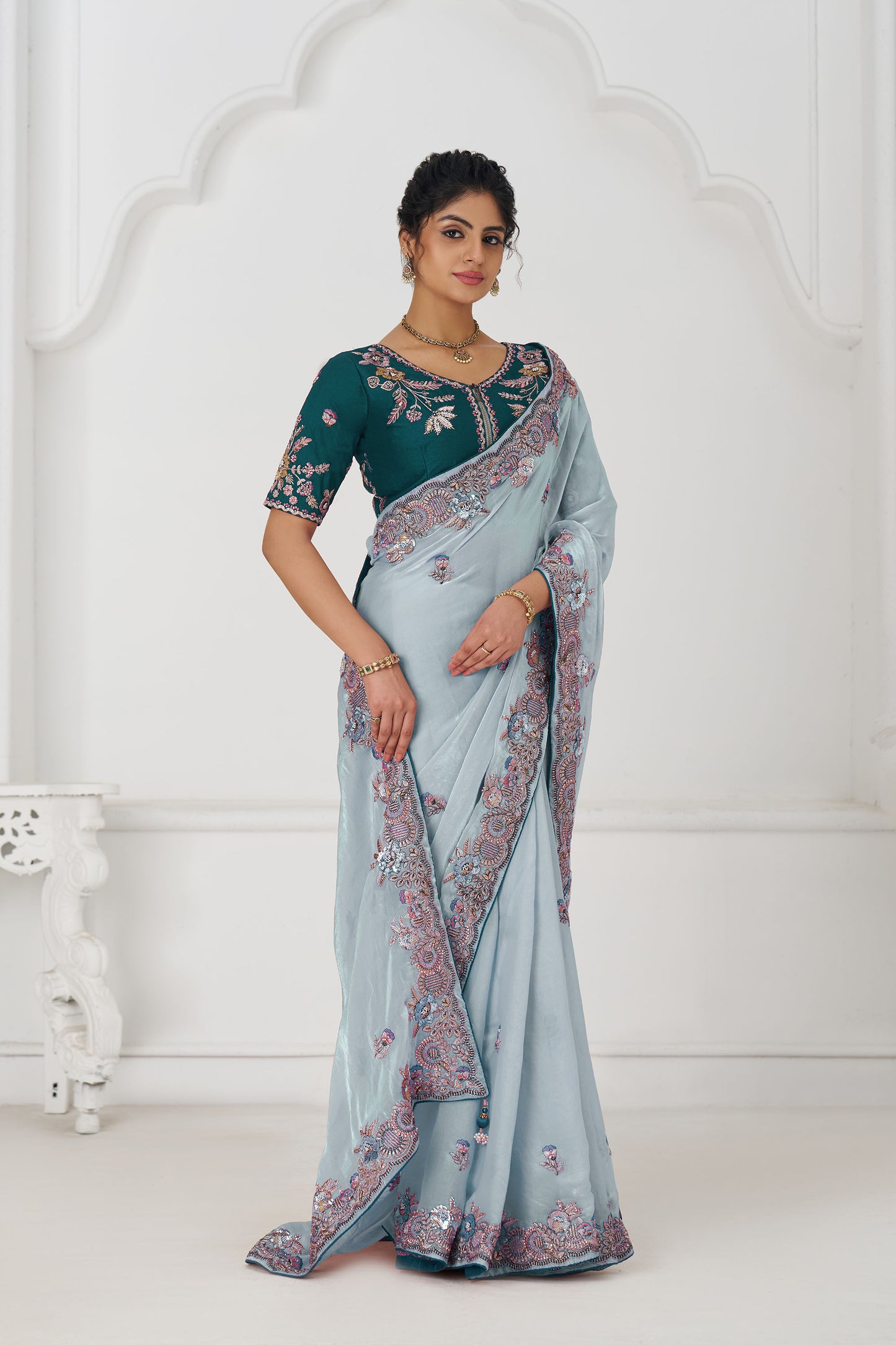 Grey Fendi Silk Festive Saree With Zari & Sequins Embroidery
