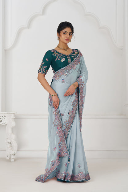 Grey Fendi Silk Festive Saree With Zari & Sequins Embroidery