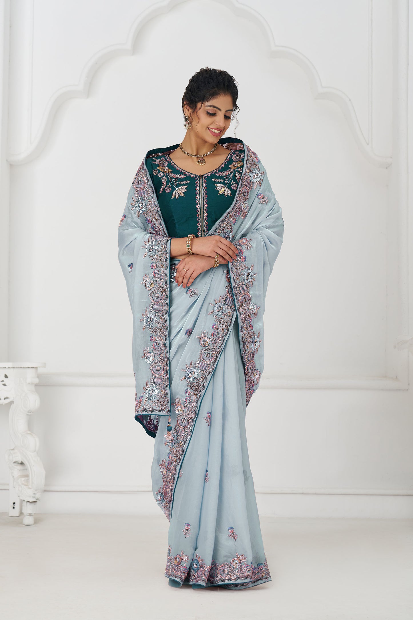 Grey Fendi Silk Festive Saree With Zari & Sequins Embroidery