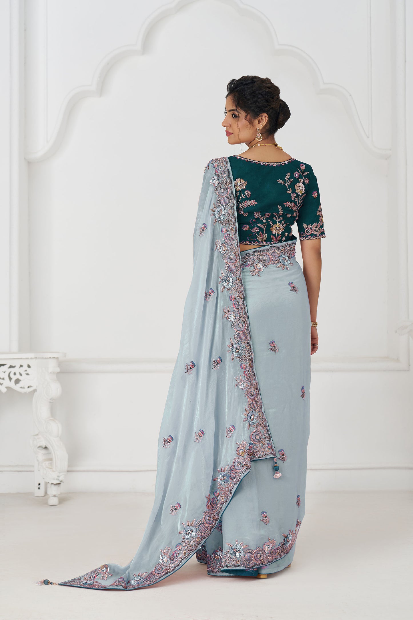 Grey Fendi Silk Festive Saree With Zari & Sequins Embroidery