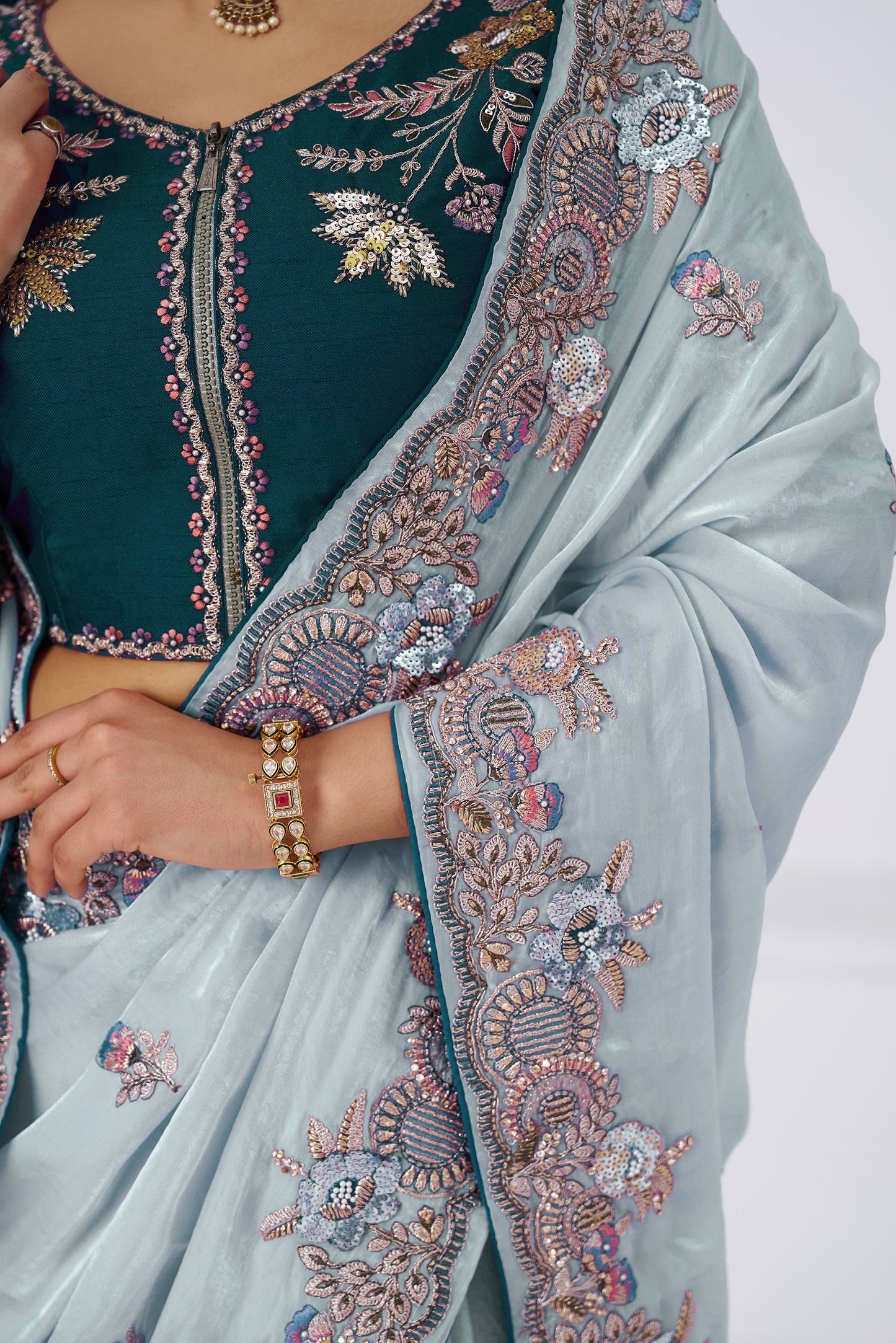 Grey Fendi Silk Festive Saree With Zari & Sequins Embroidery