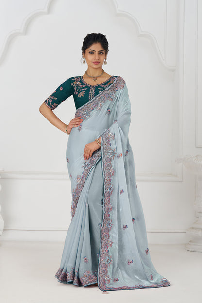 Grey Fendi Silk Festive Saree With Zari & Sequins Embroidery