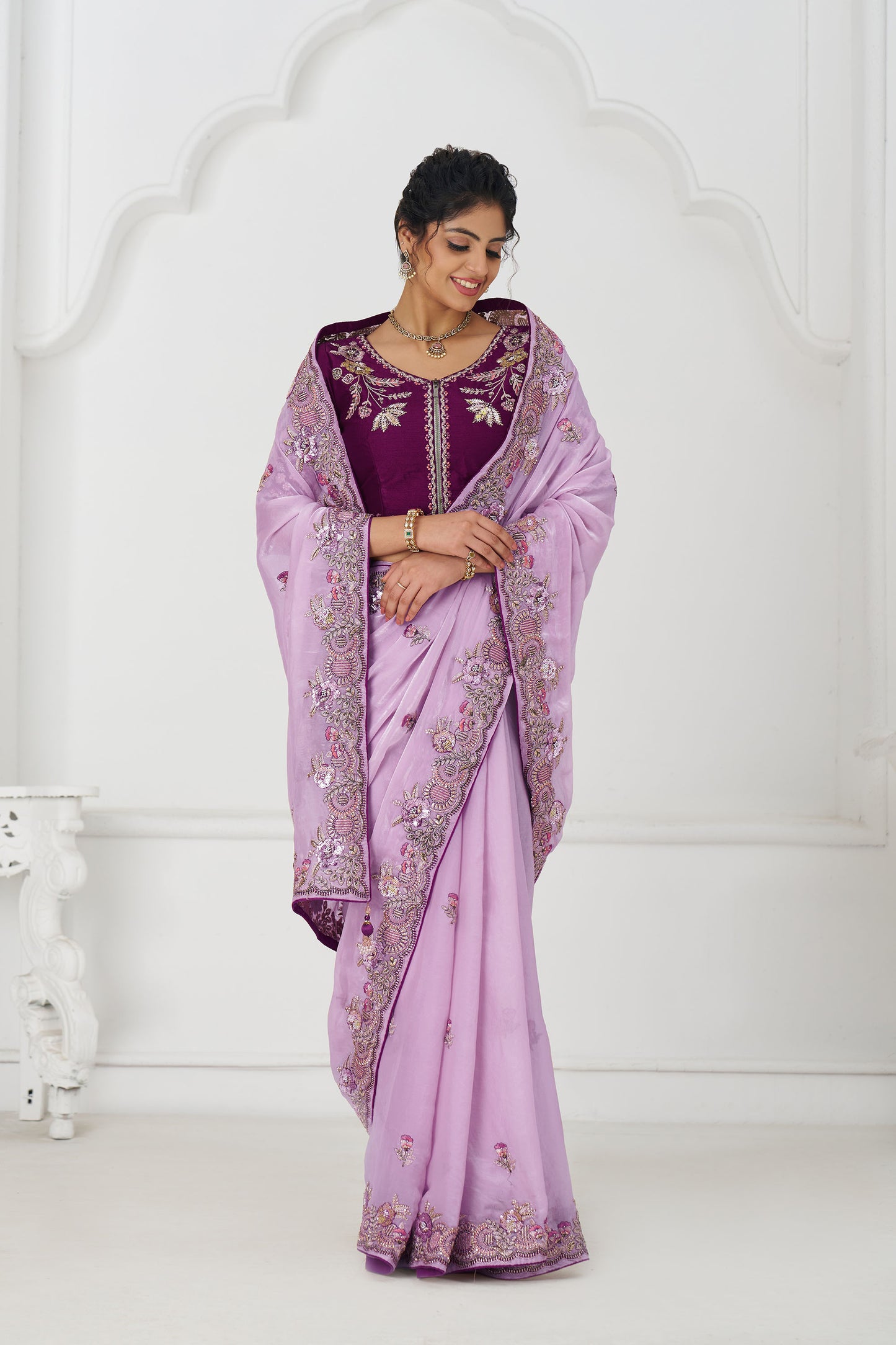 Mauve Fendi Silk Festive Saree With Zari & Sequins Embroidery