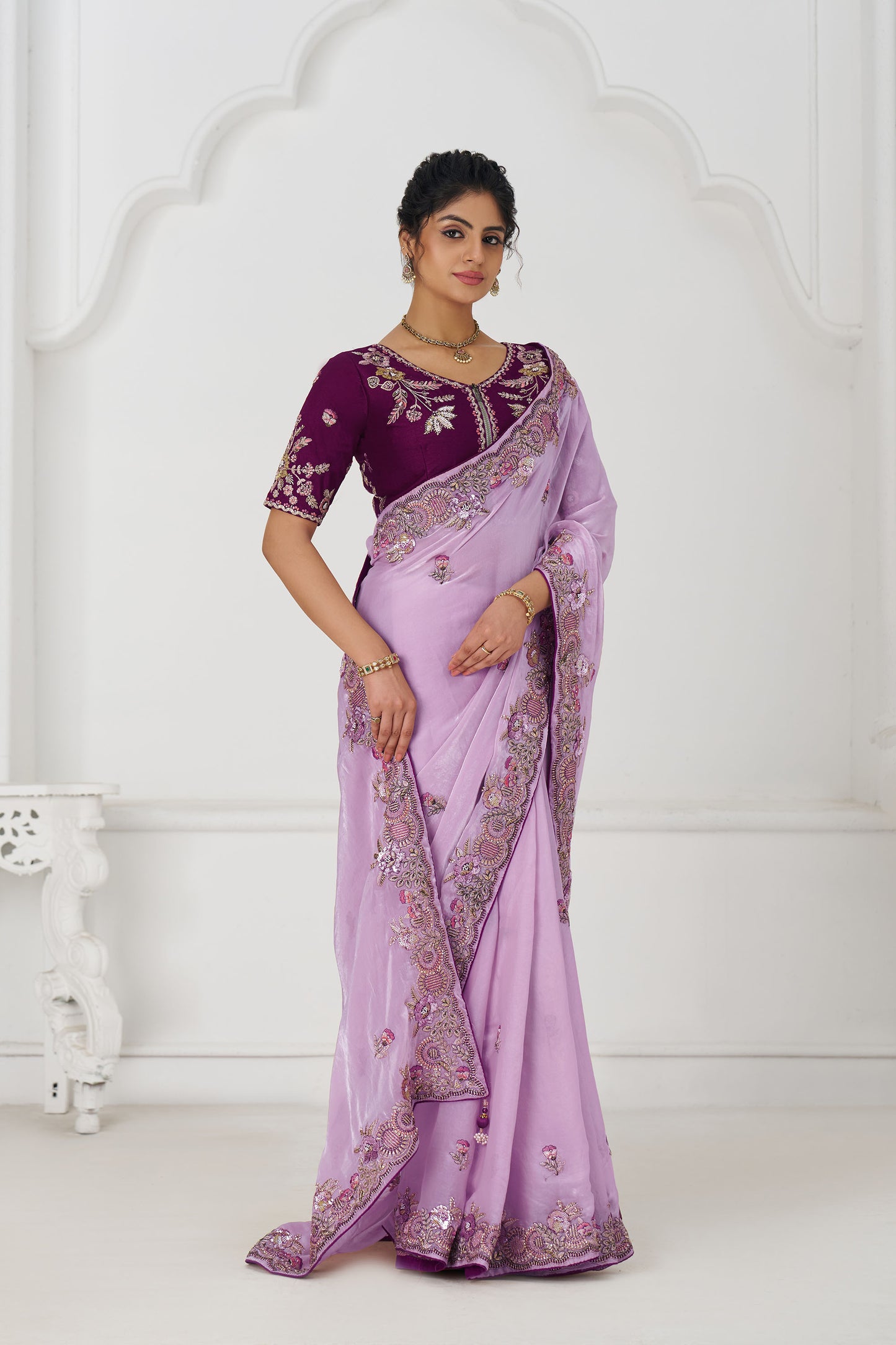 Mauve Fendi Silk Festive Saree With Zari & Sequins Embroidery