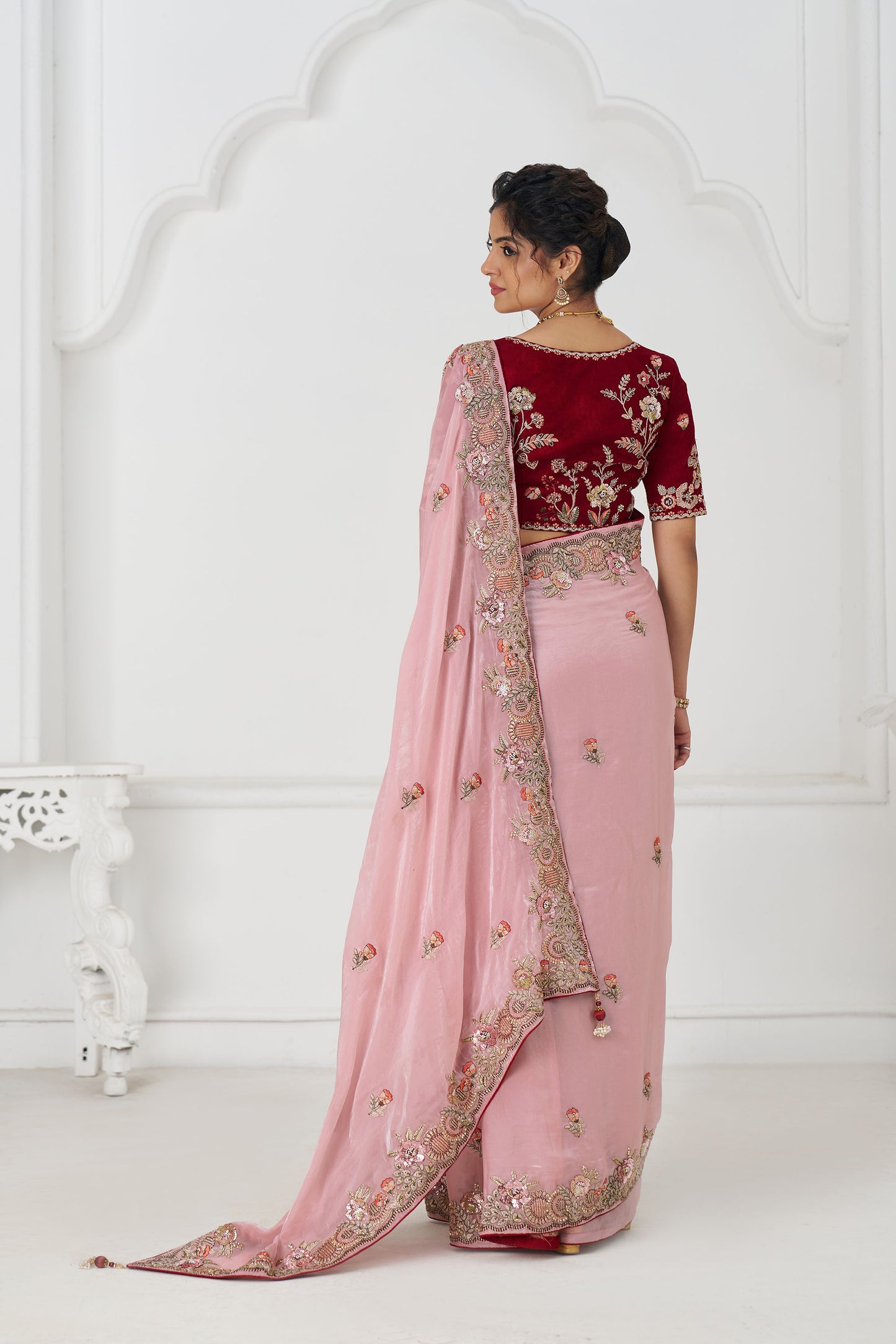 Pink Fendi Silk Festive Saree With Zari & Sequins Embroidery
