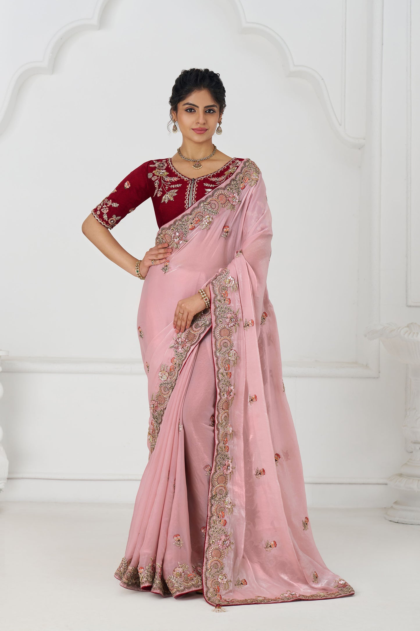 Pink Fendi Silk Festive Saree With Zari & Sequins Embroidery