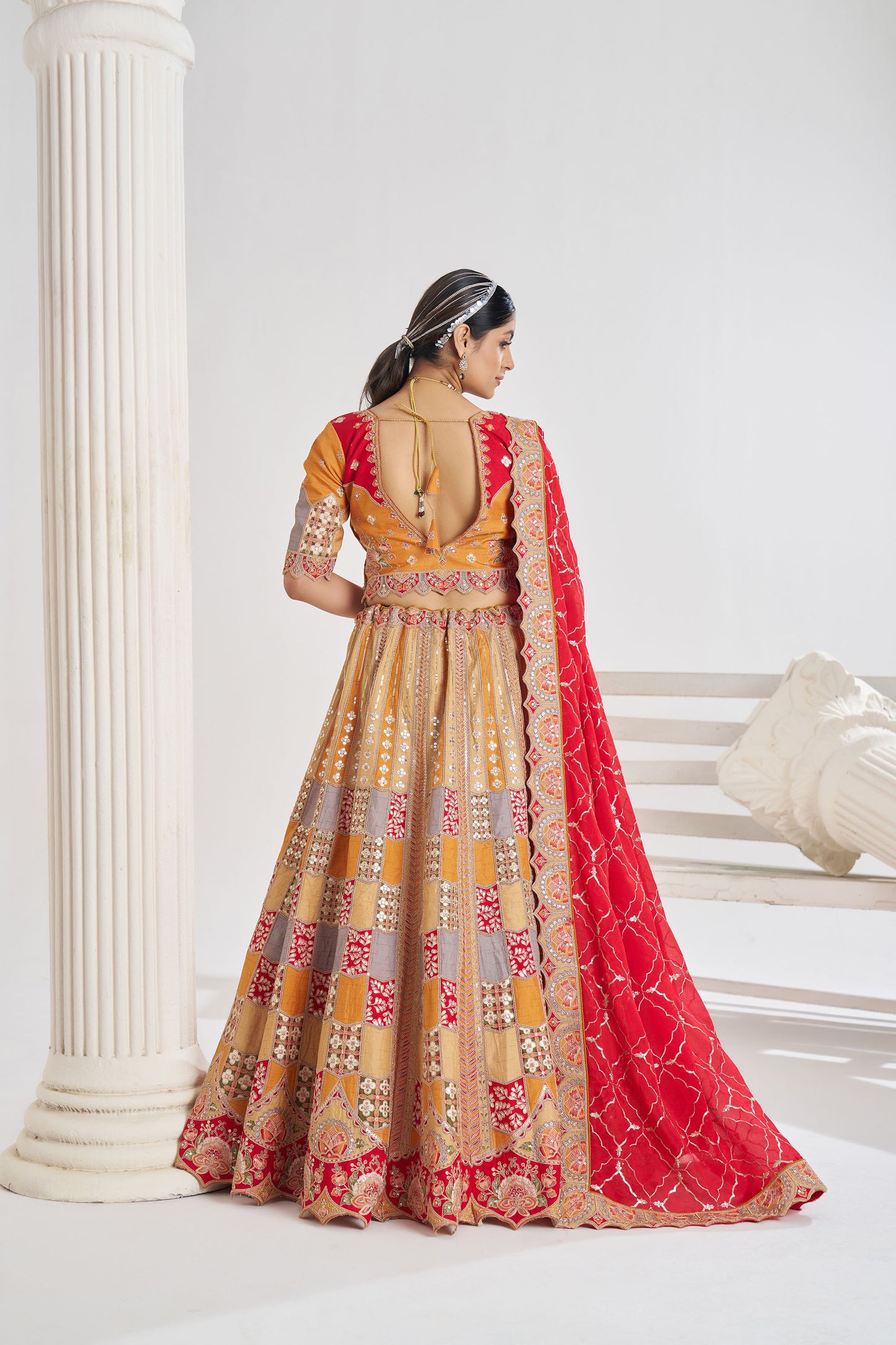 Mustard Jaal Patterned Sequin & Aari Work Dola Silk Bridal Lehenga