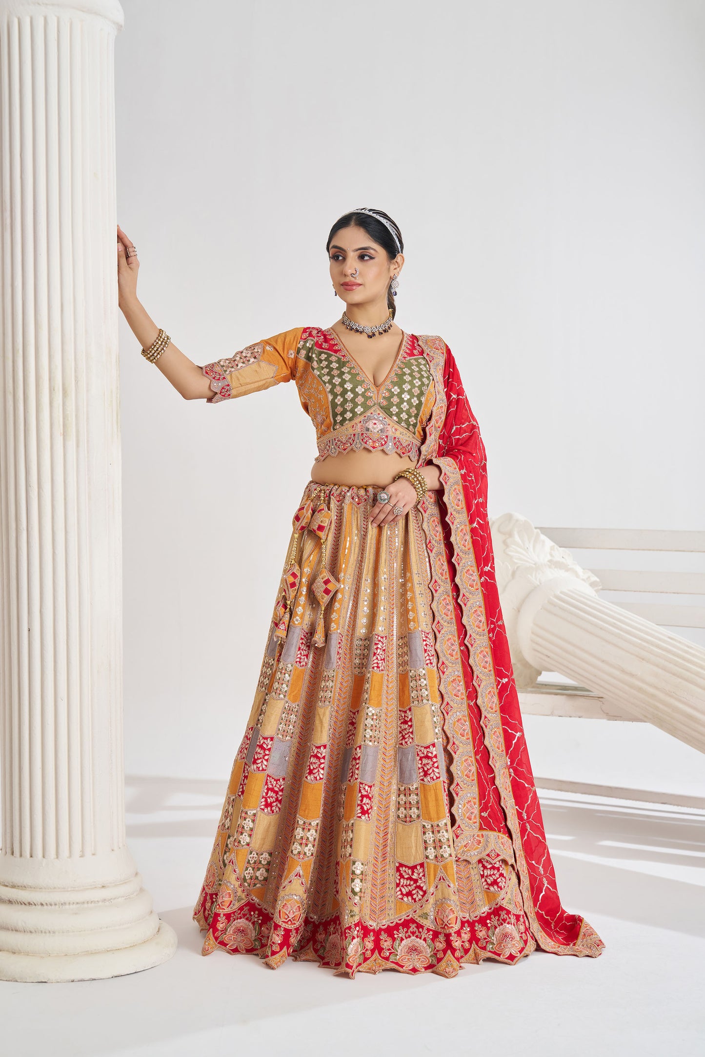 Mustard Jaal Patterned Sequin & Aari Work Dola Silk Bridal Lehenga
