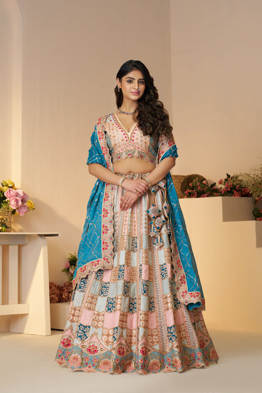 Sky Blue Jaal Patterned Sequin & Aari Work Dola Silk Bridal Lehenga