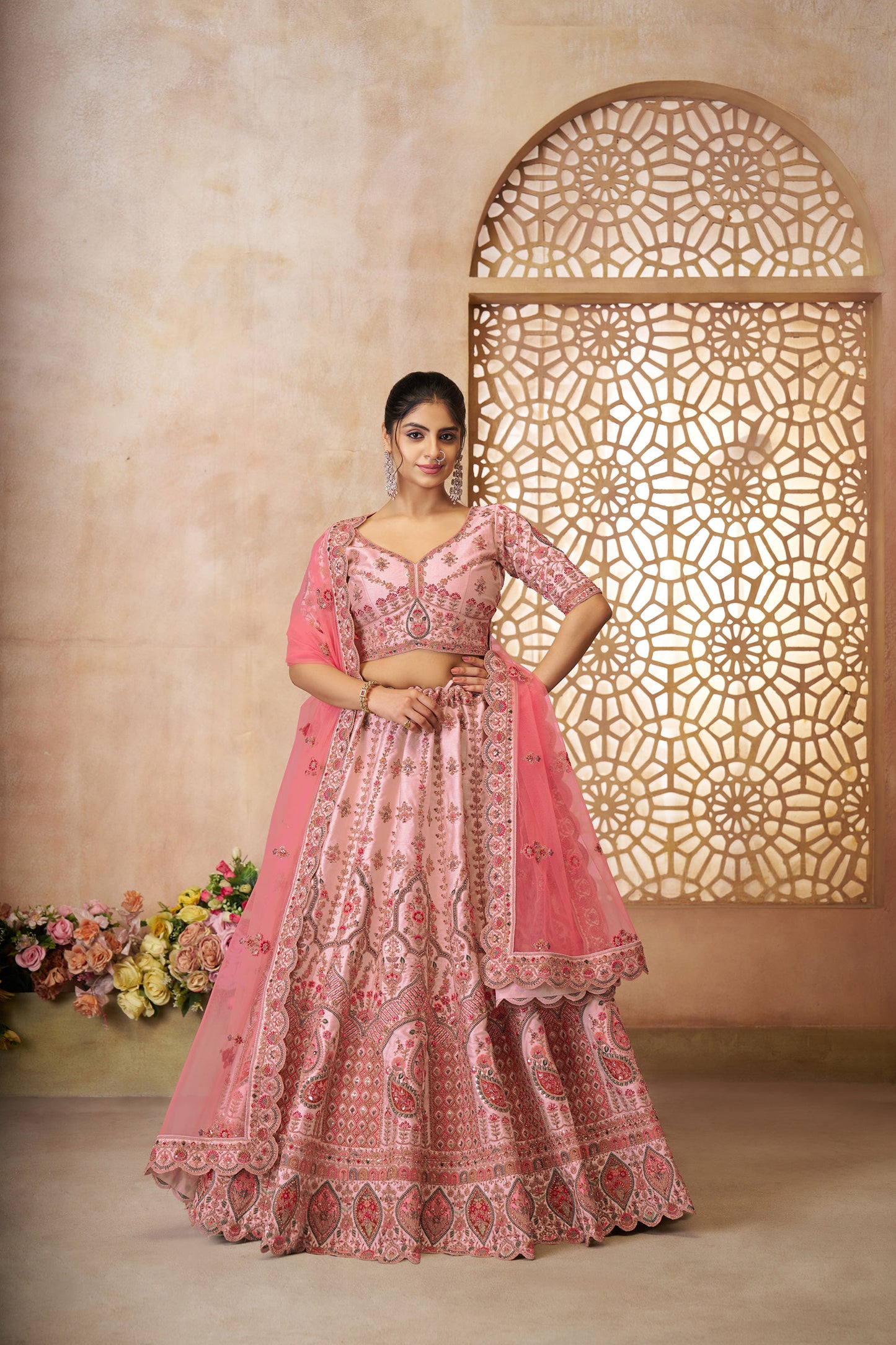 Pink Imperial Patterned Sequins Embroidered Silk Bridal Lehenga for Sangeet