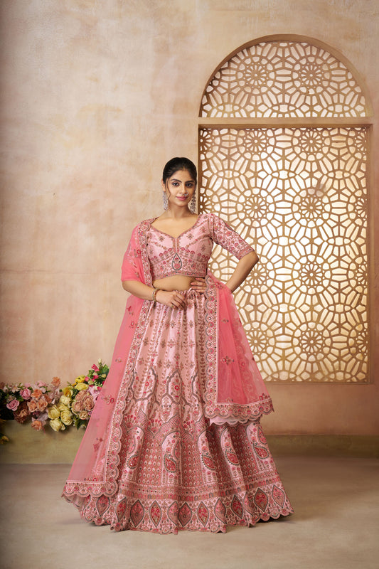 Pink Imperial Patterned Sequins Embroidered Silk Bridal Lehenga for Sangeet