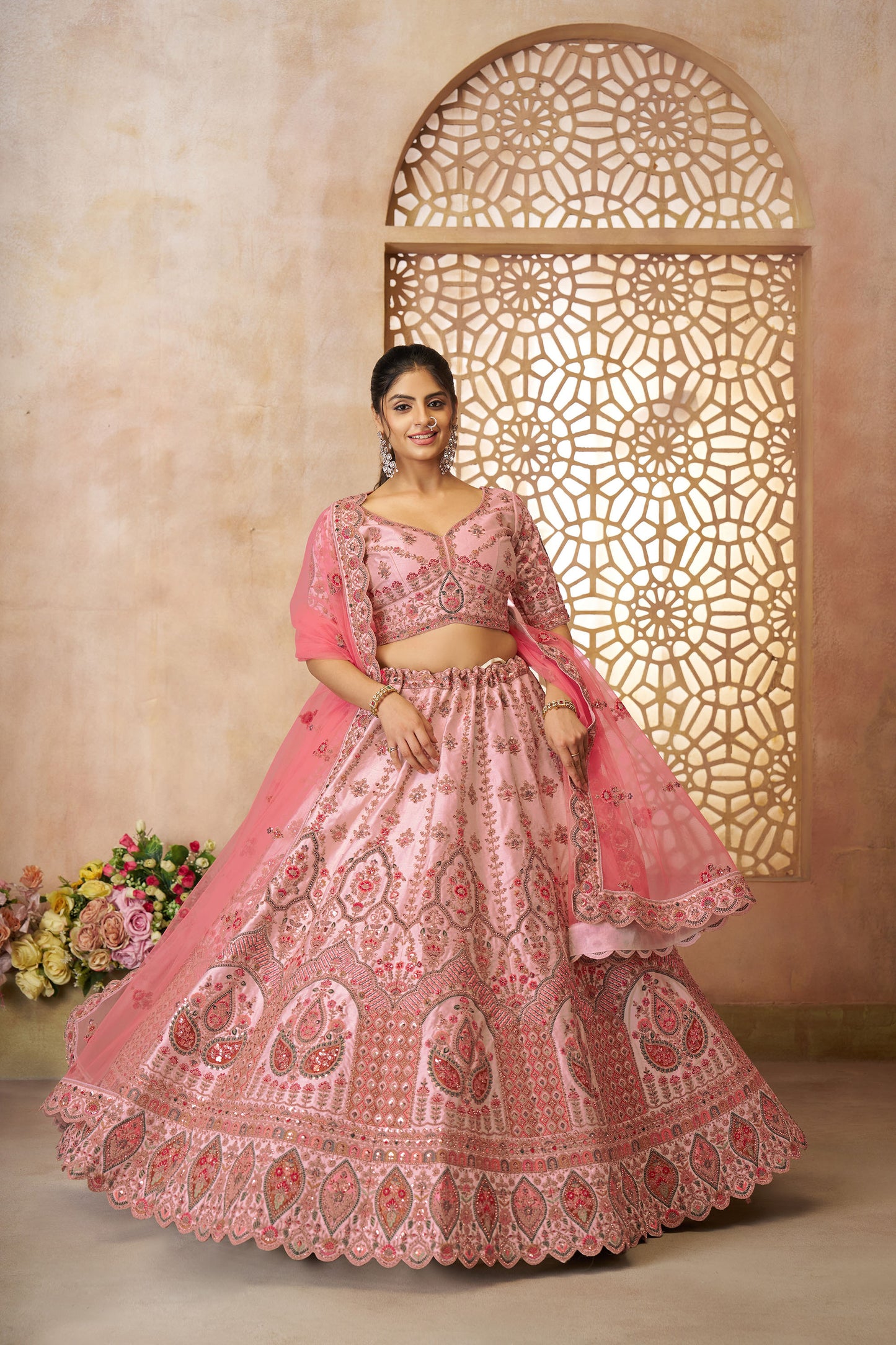 Pink Imperial Patterned Sequins Embroidered Silk Bridal Lehenga for Sangeet