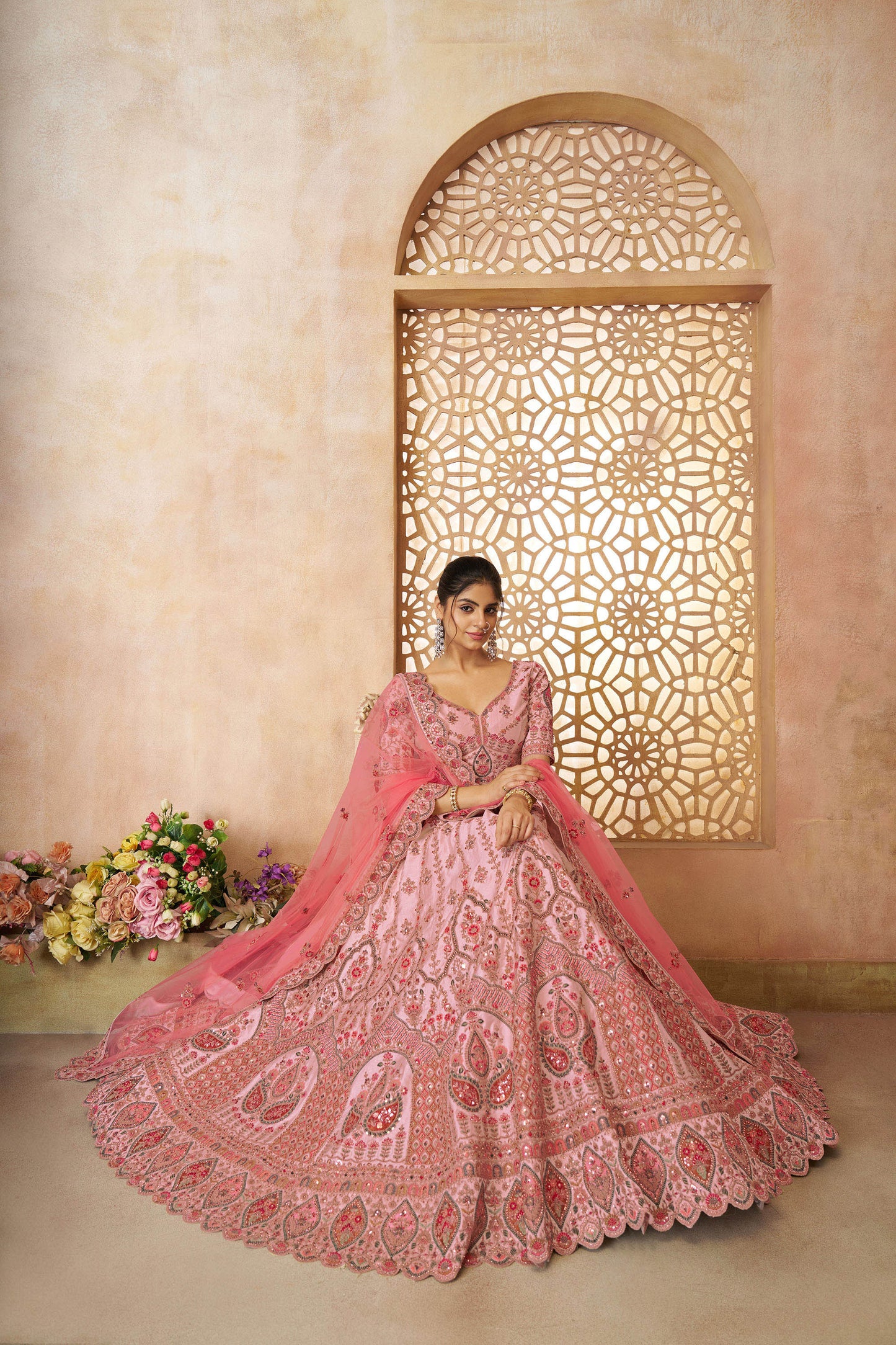 Pink Imperial Patterned Sequins Embroidered Silk Bridal Lehenga for Sangeet