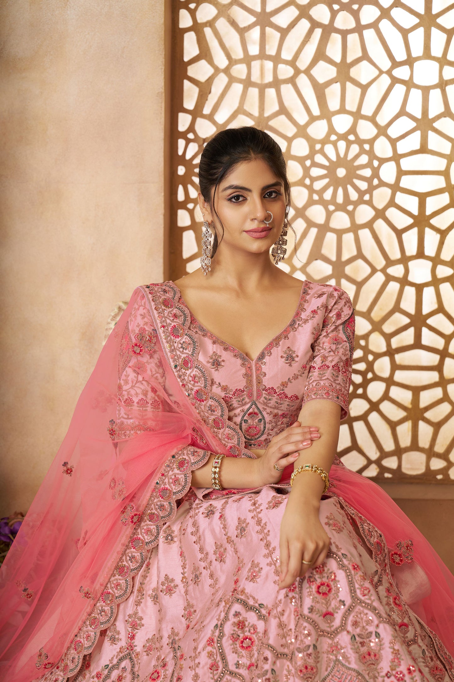 Pink Imperial Patterned Sequins Embroidered Silk Bridal Lehenga for Sangeet