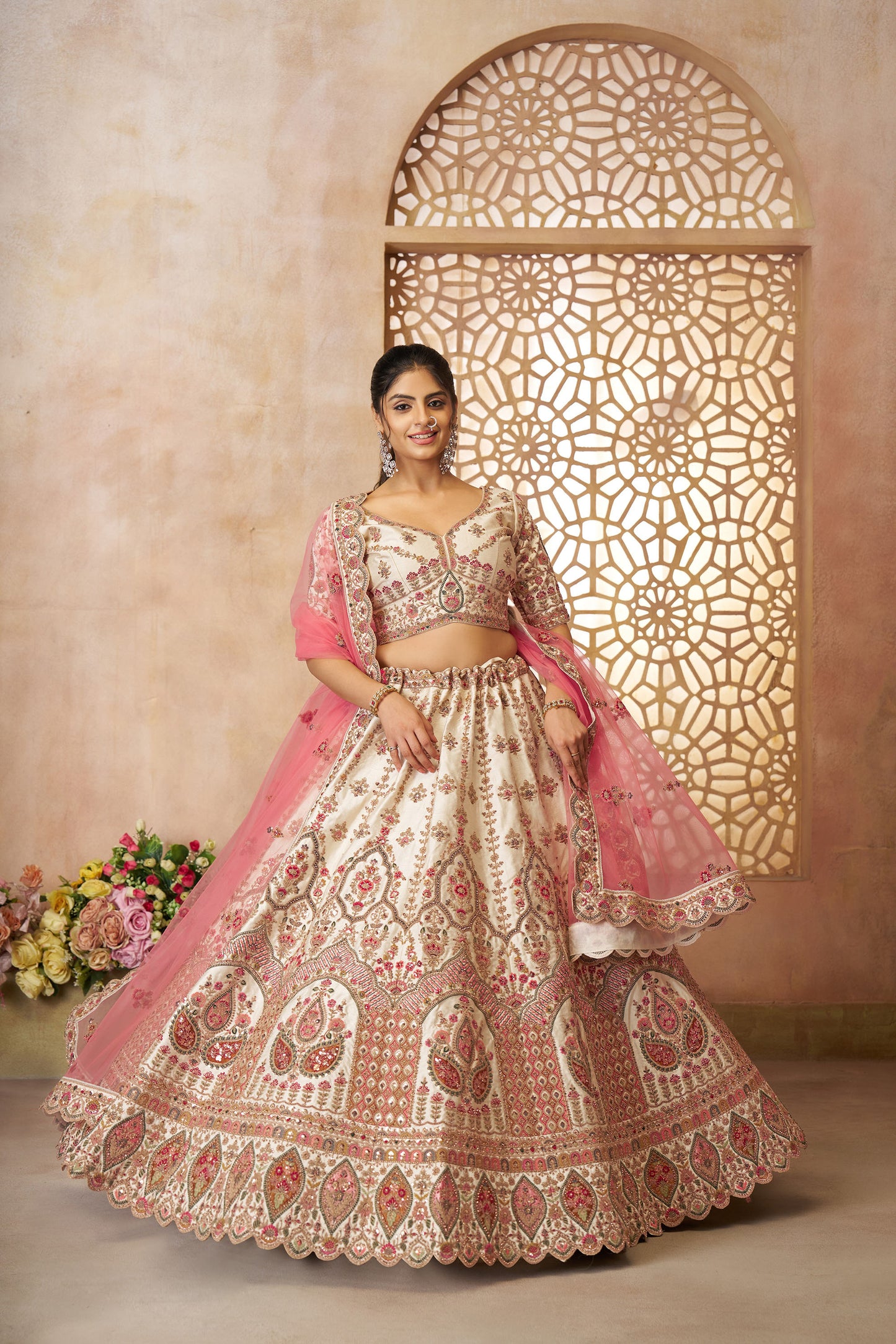 White Imperial Patterned Sequins Embroidered Silk Bridal Lehenga for Haldi