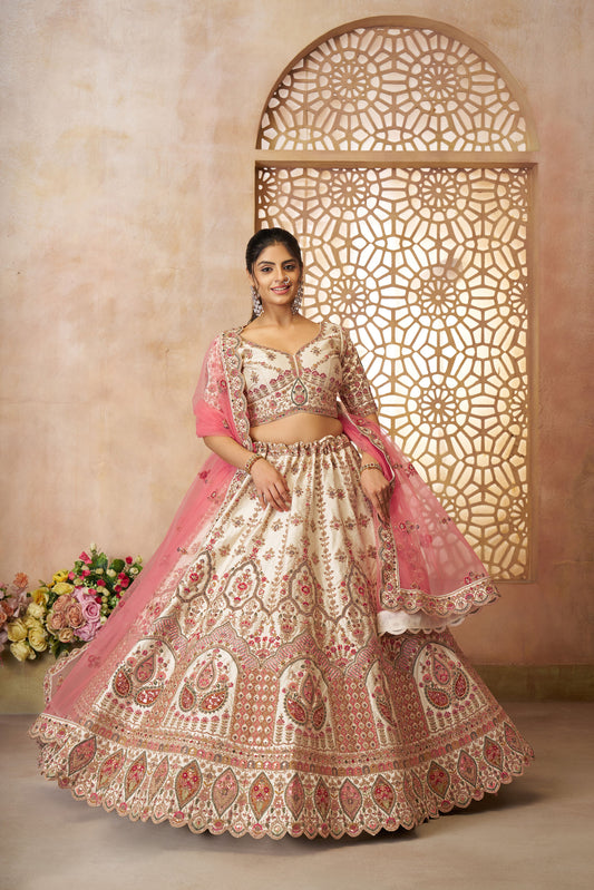 White Imperial Patterned Sequins Embroidered Silk Bridal Lehenga for Haldi