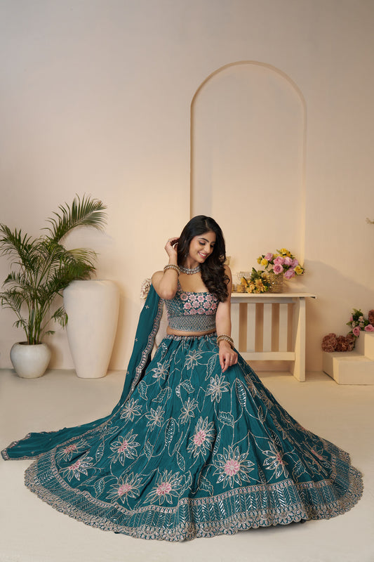 Blue Satin Silk Sequins Work & Floral Embroidery Bridesmaid Lehenga