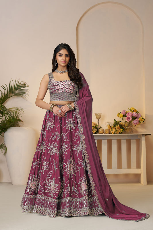 Maroon Satin Silk Sequins Work & Floral Embroidery Bridesmaid Lehenga