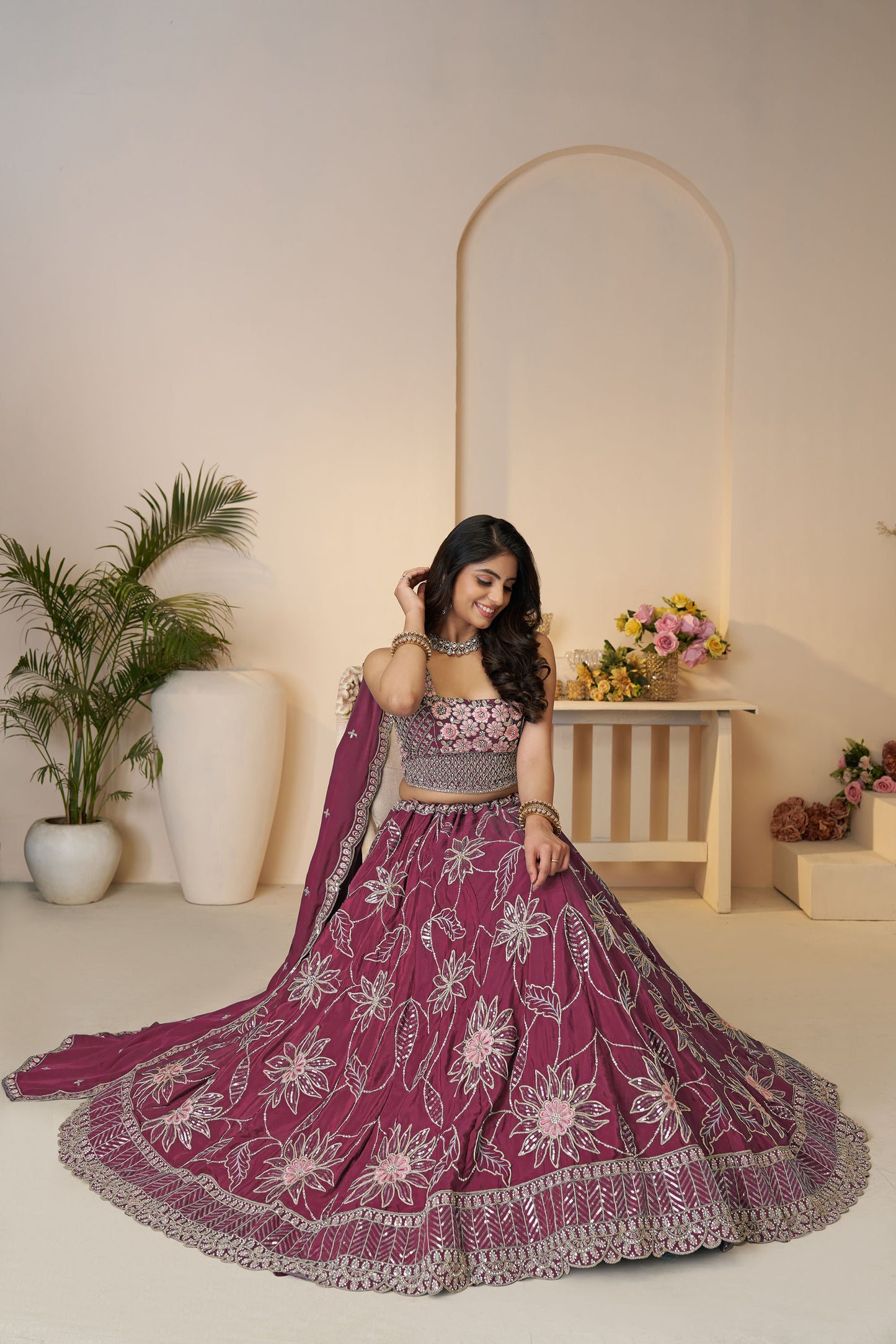 Maroon Satin Silk Sequins Work & Floral Embroidery Bridesmaid Lehenga