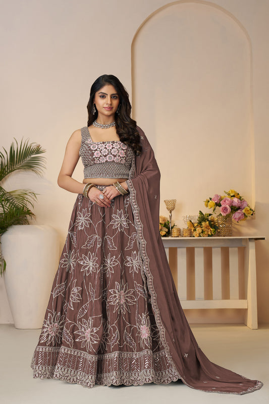 Onion Pink Satin Silk Sequins Work & Floral Embroidery Bridesmaid Lehenga
