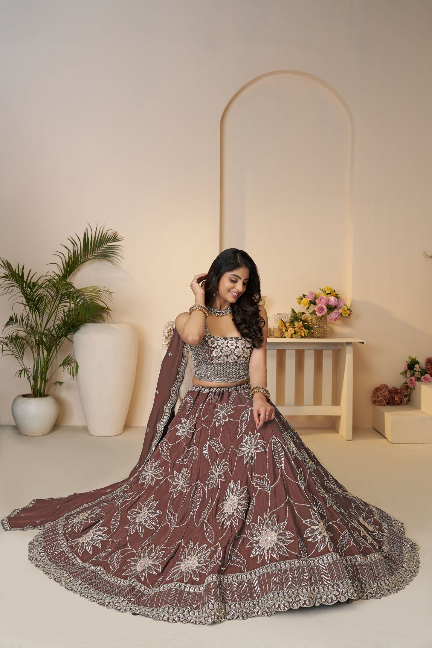 Onion Pink Satin Silk Sequins Work & Floral Embroidery Bridesmaid Lehenga
