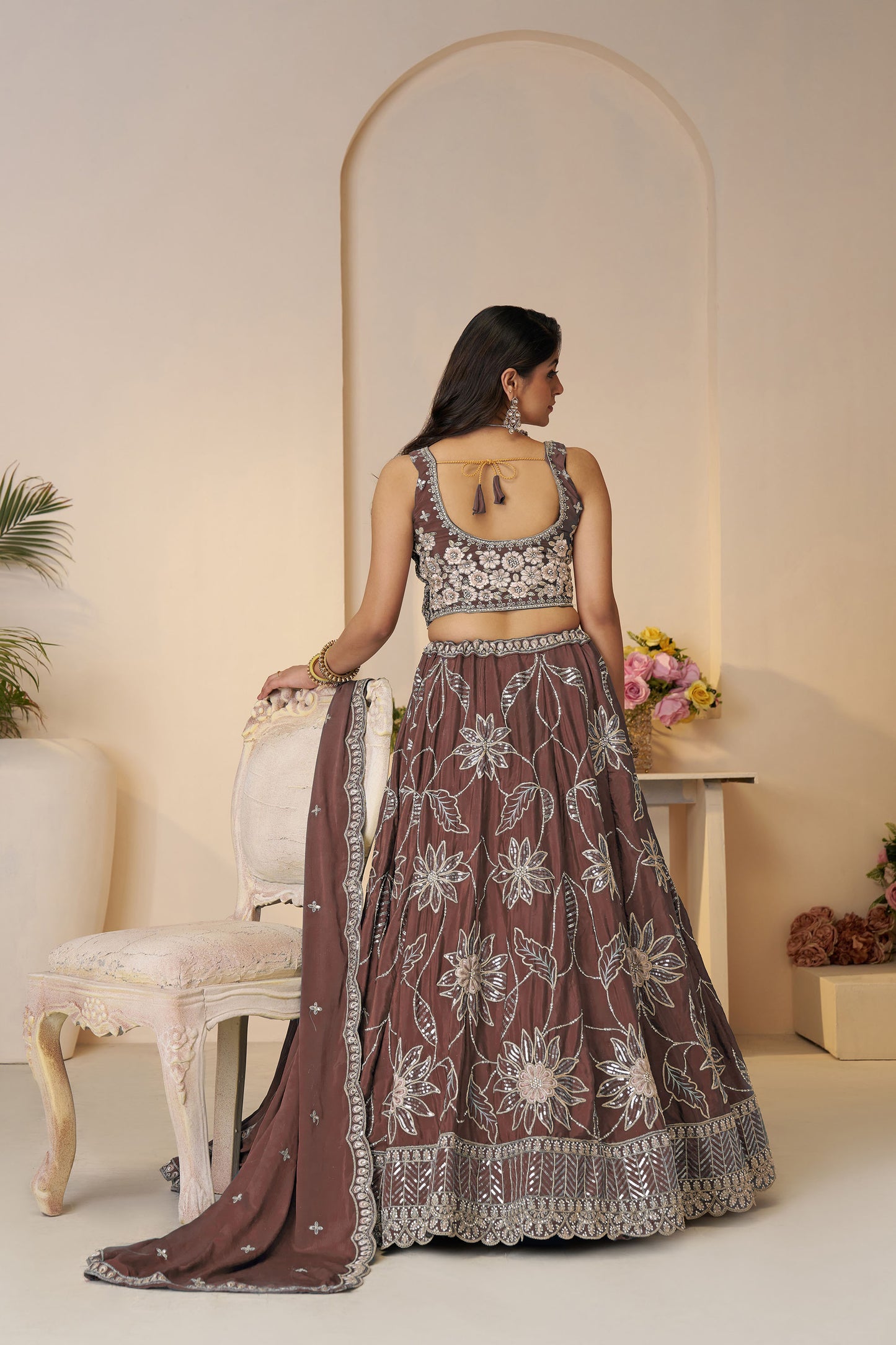 Onion Pink Satin Silk Sequins Work & Floral Embroidery Bridesmaid Lehenga