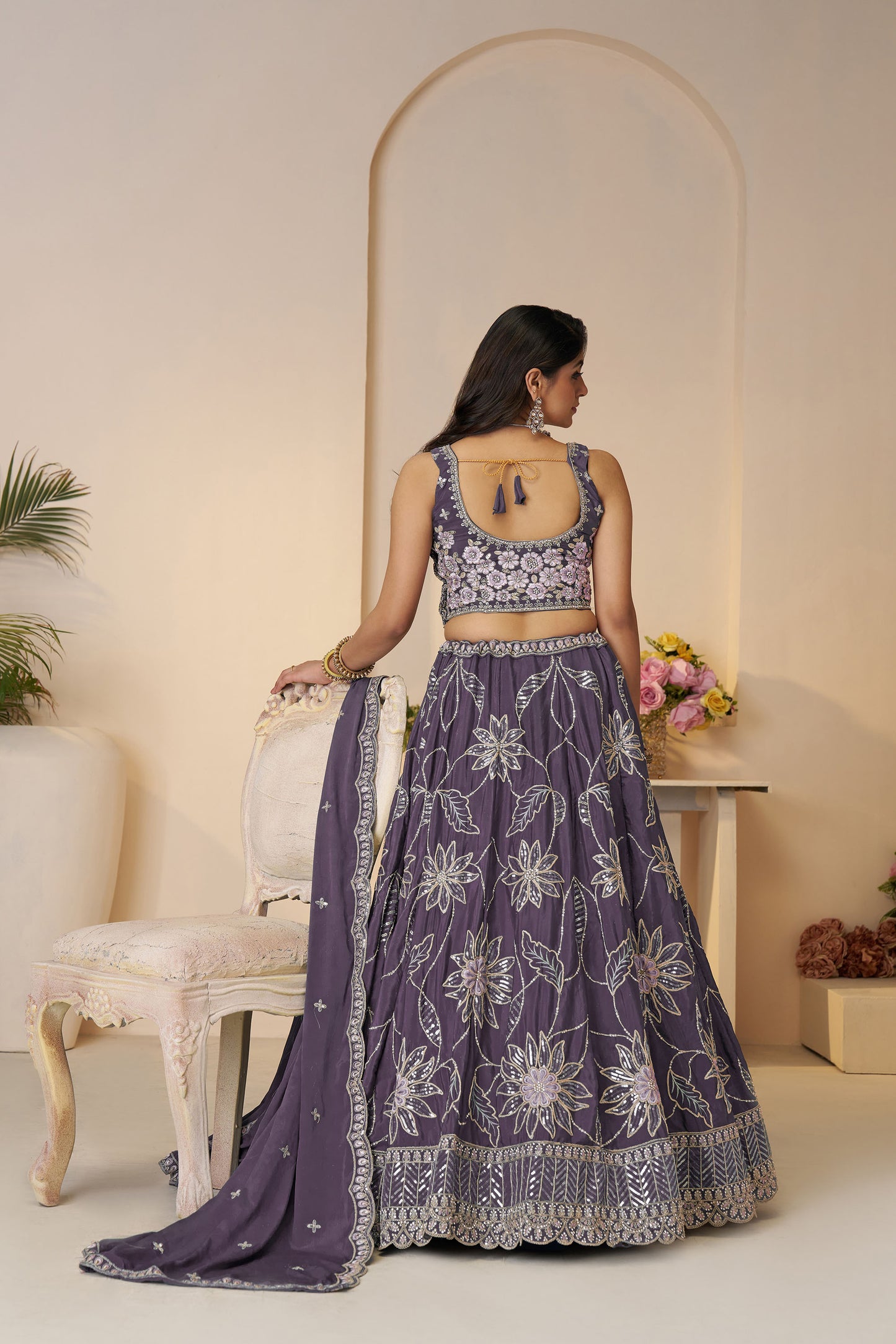 Purple Satin Silk Sequins Work & Floral Embroidery Bridesmaid Lehenga