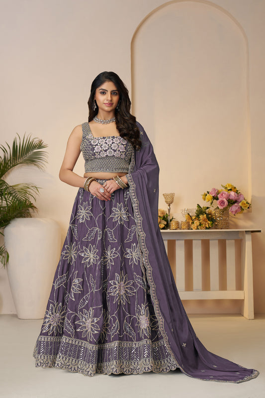 Purple Satin Silk Sequins Work & Floral Embroidery Bridesmaid Lehenga