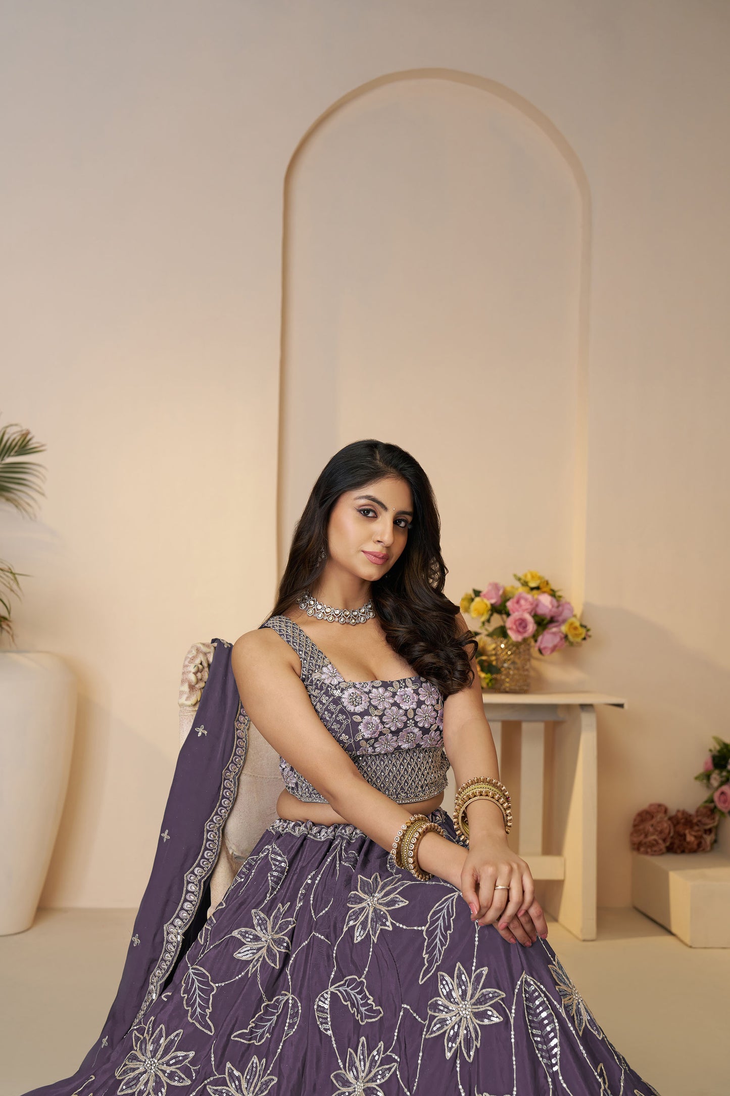 Purple Satin Silk Sequins Work & Floral Embroidery Bridesmaid Lehenga