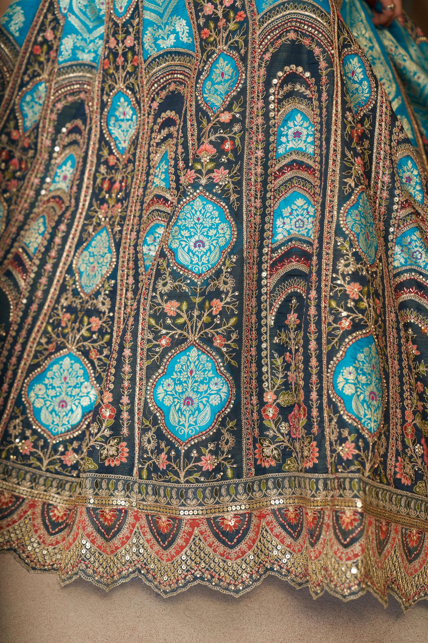 Blue Aari Embroidered Silk Lehenga For Wedding