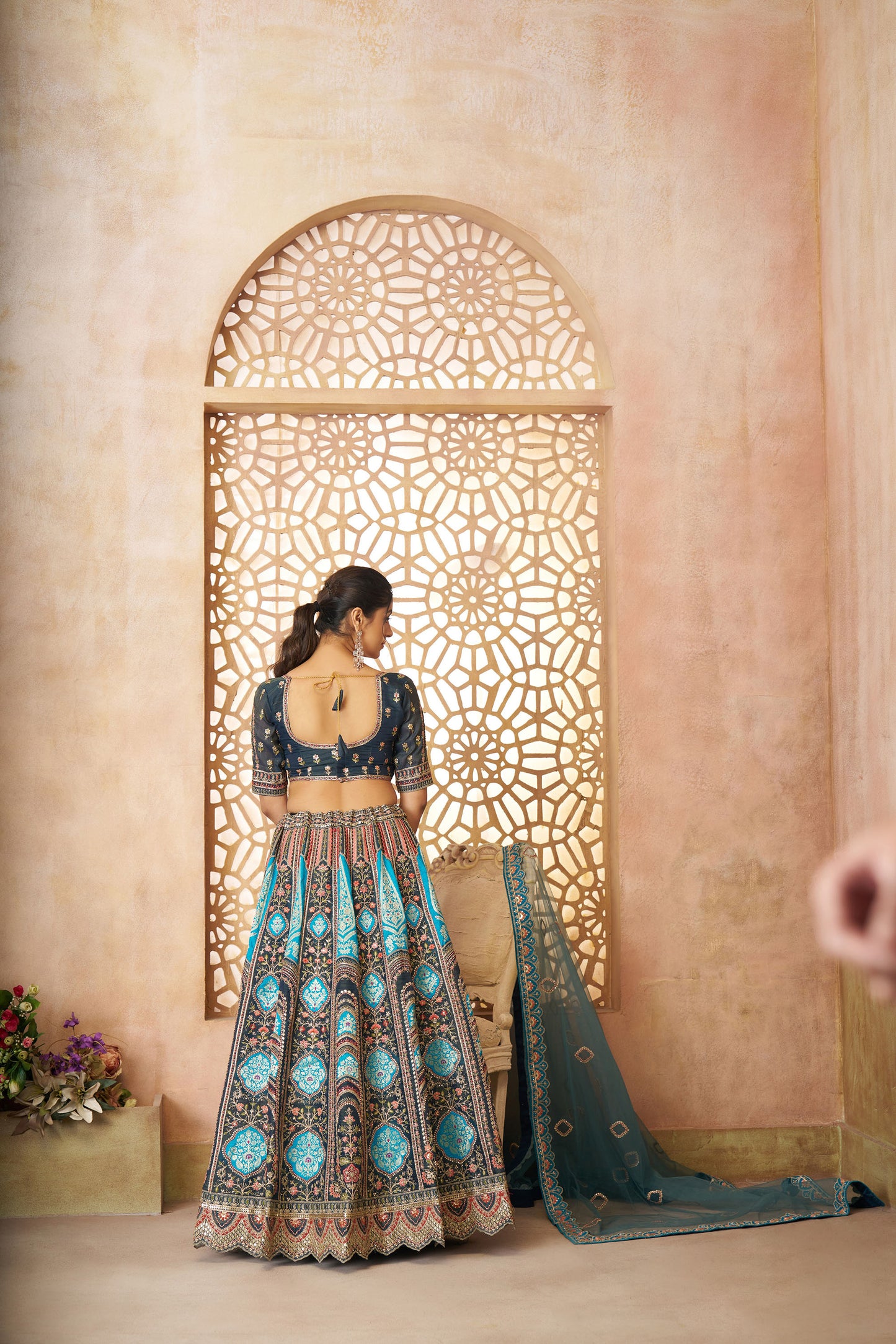 Blue Aari Embroidered Silk Lehenga For Wedding